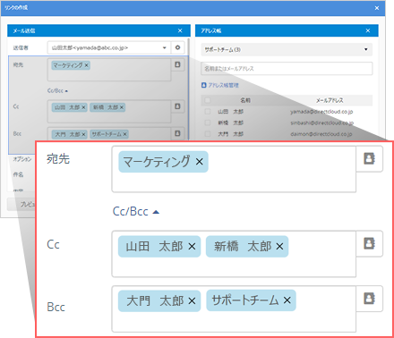 ビジネスメールでは頻繁に利用するCC/BCCを標準提供